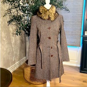 Aqua brown trench coat with detachable faux fur collar